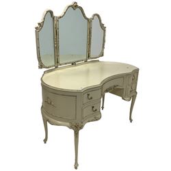 French style cream and gilt painted kidney shaped dressing table, three swing mirrors over five drawers, raised on slender cabriole supports (W125cm) together a matching stool, and an ivory floral damask upholstered mahogany framed stool (W51cm) 