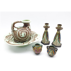 Pair of Gouda 'Collier' hexagonal vases and two small Gouda vases and a Burleigh Ware moulded jug and bowl no. 203 (6)