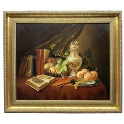 Miguel Gallyas (Continental 20th century): Still Life of Books Fruit and Vase, oil on board signed 48cm x 58cm