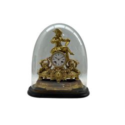 A French gilt spelter striking mantle clock housed under a glass dome c 1880, decorative gilt case on a padded wooden plinth with a depiction of an artist in 18th century dress reclining on a drum case with an eight-day Japy Freres movement, enamel dial with Roman numerals, steel spade hands and minute markers, with a twin train countwheel movement striking the hours and half hours on a bell, engraved silver presentation plaque dated 1886, with original oval glass dome on an ebonised wooden plinth
With pendulum & original bow key.




