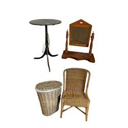 Victorian ebonised tilt top occasional table, stained pine swing mirror and a cane chair and wash basket