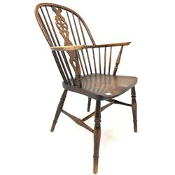 Early 20th century Windsor chair, with hoop, spindle and splat back, saddle seat, raised on turned supports with stretcher W64cm