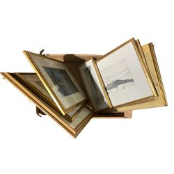 Box of 8 pictures in gold frames, including hand drawn landscapes