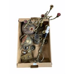 Brass ware to include two kettles, pair of lamps, pair of candelabra, a four branch candelabra, a twin light switch etc in one box