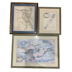 'Aegyptus' (Egypt), 19th century engraved map with hand-colouring; print of 'The Flukes Map of the British Virgin Islands'; one other map; 'Bird's Eye View' print signed by Christopher Curtis and two other pictures (6)