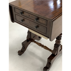 Regency mahogany work table, the rectangular top with two drop leaves over two cock beaded drawers opposite two faux drawers, sliding silk lined storage well under, raised on turned supports and arched scrolled sledge feet with brass castors