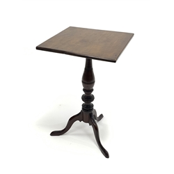 19th century mahogany tripod table with square top, turned supports with three out splay supports, 42cm x 42cm, H66cm