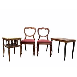 Pair of Victorian mahogany balloon back dining chairs with drop in upholstered seats, (W45cm) together with a late Victorian music stool (W42cm) and a marquetry musical sewing box (W56cm) 