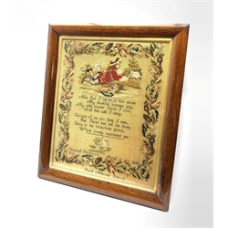 Early Victorian needlework and wool work sampler by Elizabeth Blinkhorn, Aged 12 years, Stand National School 1848 with a child, prayer and flowers in a rosewood frame 54cm x 42cm