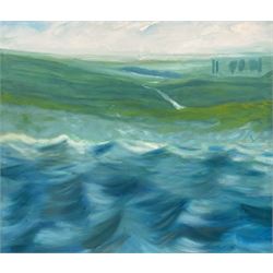 Christopher P Wood (British 1961-): Rough Seas Beside a Cliff, oil on canvas unsigned 97cm x 112cm 