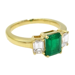 18ct gold emerald and baguette cut diamond ring, hallmarked, emerald approx 1.20 carat, diamond total weight approx 0.70 carat