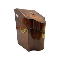 George III mahogany knife box of serpentine outline with chequer banded border, brass handles and key plate, interior removed H35cm
