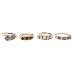 Three 9ct gold rings including garnet, opal and cubic zirconia and a 9ct rose gold and silver paste stone set double cluster ring