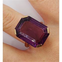 Gold emerald cut amethyst ring, stamped 9ct