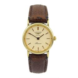 Longines Presence 9ct gold ladies quartz wristwatch, stamped 9k 375, on brown leather strap