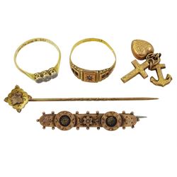 Gold three stone diamond chip ring, stamped 18ct Plat, 16ct gold stone set ring, 9ct gold stick pin, charms and brooch