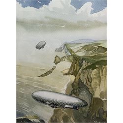 J B (British 20th century): Zeppelins Bearing French Flag Flying over Coast, watercolour initialled and dated '89, 38cm x 28cm