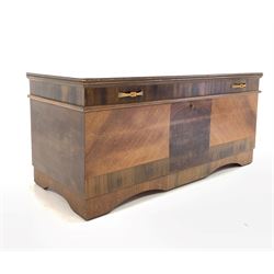 20th century walnut storage box, the hinged lid revealing interior fitted with two cantilevered shelves 