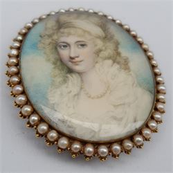 After Richard Cosway (British 1740-1821): 'Miss Maund', miniature portrait in gold frame with split pearl surround, the guilloche enamel reverse with a letter 'P' atop a blue glass plaque surrounded by pearls and a lock of hair, the mount engraved 'Cosway Muss Maund' 6cm x 5cm 
Notes: the sitter is either Penelope Maund (1753-1832) or Priscilla Maund (1763-1823), both daughters of the bookseller Benjamin Maund
