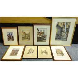 Collection of York interest pictures: two watercolours of the Shambles, pair etchings 'Bootham Bar' and 'Stonegate' signed Richard W Barker, another coloured etching 'The Shambles' signed Donald Gray, 'Micklegate Bar', print after Leonard Russell Squirrell signed in pencil, and two prints after Ernest William Haslehust, max 32cm x 22cm (8)