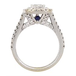 Vera Wang 'Love' 18ct white gold diamond and sapphire ring, princess cut diamond, with round brilliant cut diamond surround and diamond set shoulders, the gallery set with a single stone sapphire, hallmarked, total diamond weight 1.45 carat, boxed