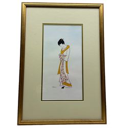 Eileen Catlin (British Contemporary): 'Bijin (Beautiful Woman' and 'Hinatsuru (Young Crane)', piar ink watercolour and illuminated inks signed, titled verso 36cm x 19cm (2)