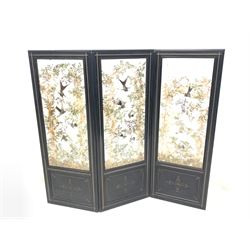 Victorian ebonised bi-fold screen, with incised and gilt painted detail to frame, each screen with glazed panels enclosing taxidermy birds flora and fauna, H136cm