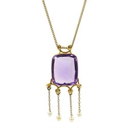 Gold amethyst and pearl pendant, on 9ct gold link necklace 