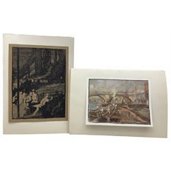 After Frank Brangwyn (British 1867-1956): 'The Mine', lithograph together with a colour print after the same artist max 32cm x 24cm (2) (unframed)