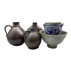 David Lloyd Jones (British 1928-1994): Large studio pottery speckle glazed pedestal bowl, impressed seal mark H22cm x D36cm, two large brown glazed jugs, salt glazed twin-handled stoneware jar and vase (5)