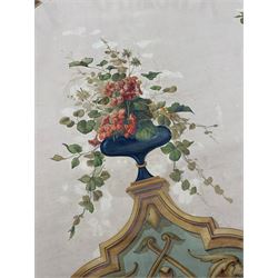 Large 19th/ early 20th century Art Nouveau 'Café Glacier' advertising wall hanging, hand painted onto canvas with an urn of flowers within a scrollwork border, entwined with foliate swags, against a green ground, unsigned but probably by Peyneau & Schmitt, Vichy, H270cm x W180cm 