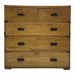 Early 19th century teak campaign chest, fitted with two short and two long drawers, with brass corner brackets and sunken brass handles