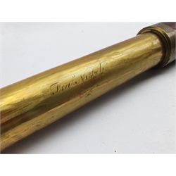Brass five draw telescope by Watkins, Charing Cross London also engraved 'Fra. Nisbet' with wooden barrel 109cm extended length 