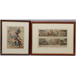 After James Gillray (British 1756-1815): 'Democracy - or a Sketch of the Life of Buonaparte', 'Buonaparte hearing of Nelson's Victory...', 'Buonaparte leaving Egypt', and 'The French Consular Triumvirate settling the New Constitution', four Napoleonic interest hand-coloured engravings pub. in 'The Works of James Gillray from the Original Plates with the Addition of Many Subjects Not Before Collected' by Henry G. Bohn, London c.1847, plates 252, 218, 250, and 254, respectively, max 29cm x 47cm (4) 
Provenance: all purchased by the vendor from Storey's, Cecil Court, London