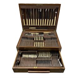 Canteen of Art Deco design plated cutlery by Frank Cobb & Co for twelve covers including bone handled knives and carvers, sauce and soup ladles, complete 108 pieces in fitted oak box