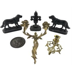 Jean-Bertrand Andrieu (1761-1822): A bronzed lead medallion, modelled as Napolean and Marie Louise, D14cm, pair of Victorian painted cast iron doorstops in the form of St. Bernard dogs, cast brass rococo twin branch wall sconce etc 