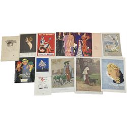 Collection early 20th century fashion plates and Art Deco advertisements including 1930s Guerlain Paris vintage advert and artwork after Paul Helleu, Lilian Griffith and Leon Benigni (11)