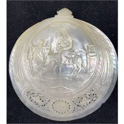 Victorian mother of pearl visiting card case, carved mother of pearl plaque with a view of the Holy Family and a mother of pearl serving spoon and fork with brass handles