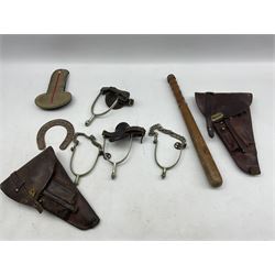 Two leather holsters, wooden truncheon, trench art, spurs, World War I RNVR Service Certificate for Arthur Bernard East etc 