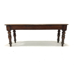 Victorian mahogany window seat, moulded rectangular top raised on turned supports, W120cm