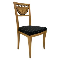 Pair Biedermeier design maple side chairs, the cresting rail with pierced decoration over demi-lune fan back with figured band, upholstered in black fabric decorated with stairs, on tapering supports