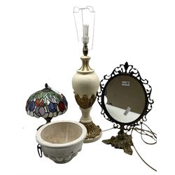 Tiffany style table lamp, a painted plaster lamp, a dressing table mirror and a jardiniere