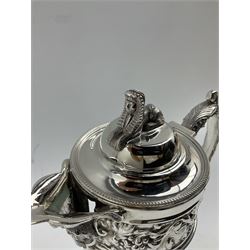 Late Victorian silver mounted glass claret jug with Sphinx lift, Bellarmine mask spout, embossed flowers, scroll handle with Bacchus and leaves H25cm Sheffield 1900 Maker Robert and Belk 