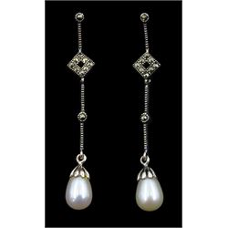 Pair of silver freshwater pearl and marcasite pendant earrings, stamped 925 
