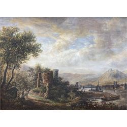Continental School (Mid-20th century): German Landscape with Castle and Figures, oil on panel unsigned, housed in heavy gilt frame 29cm x 39cm