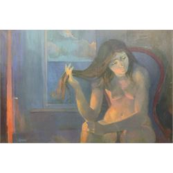 Ken Symonds (British 1927-2010): 'Girl Drying Her Hair', oil on canvas signed, titled and dated '78 verso 90cm x 60cm