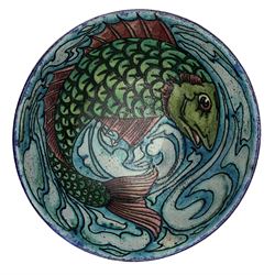 Charlotte Rhead bowl, having stylized tube lined decoration, the exterior decorated with alternate panels of Art Nouveau style flowers and scale pattern, the interior decorated with a fish leaping from the choppy waters, signed L Rhead (Lottie Rhead), no factory marks, possibly an experimental piece, D28cm x H14cm 
