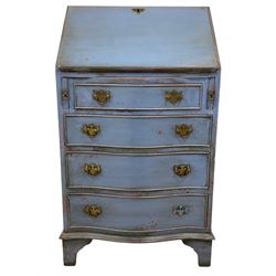 Mid-to late 20th century blue painted and waxed finish bureau, fall front over four shaped drawers, on bracket feet