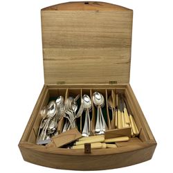 Set of plated cutlery for twelve covers, engraved with a crest and with bone handled knives in an oak and yew wood box and a three piece carving set