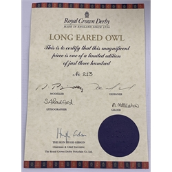 Large Royal Crown Derby 'Long Eared Owl' limited edition paperweight modelled by Donald Brindley with gilt signatures, gold stopper and backstamp No. 213/300 boxed and with certificate H27cm 